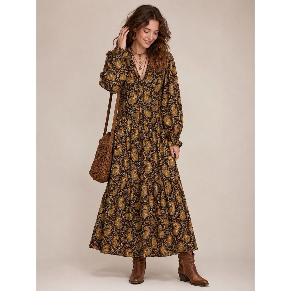 Vintage April Cornell Maxi Dress Paisley Floral Boho Prairie Tiered Cottagecore